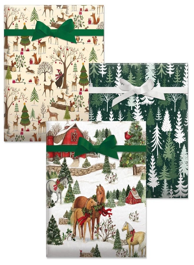 كارانت مجموعة ورق تغليف هدايا كبيرة الحجم - 3 أغلفة عملاقة أحادية الجانب، مقاس 23 بوصة × 32 قدمًا لكل منها، بتصميمات غابة على خلفية كريمية، وغابة العطلات، وخيول العطلات. - Image 1